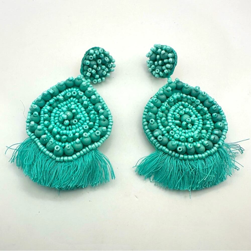 Beaded Tassel Earrings Teal Blue Green Oversized Round Dangle Boho Bohemian
